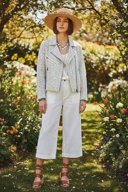 Dolan Left Coast Collection Lace Moto Jacket White Blue Floral Cotton Zip Biker